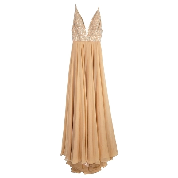Sherri Hill Beaded Plunging V Neck Chiffon Gown in Nude Pink Color 52589 NWT - Picture 6 of 16